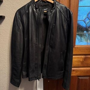 Black Leather Motorcycle Style Jacket - Mens L